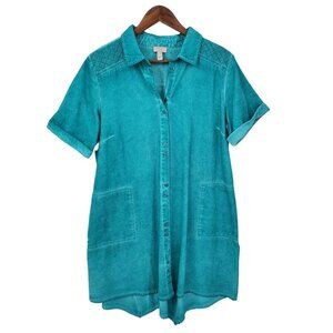 LOGO Lori Goldstein Teal Button Front Tunic Top Textured Shoulders Women Size MP